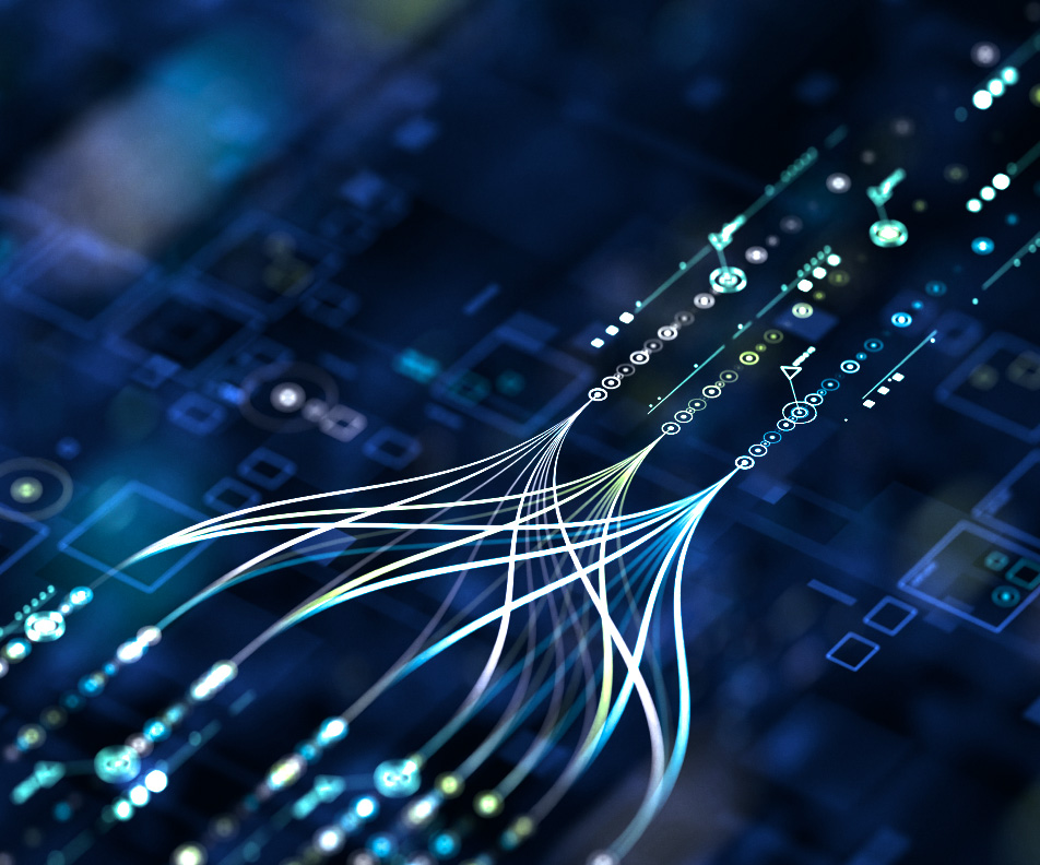 Fibre-optic strands carrying data across a circuit board